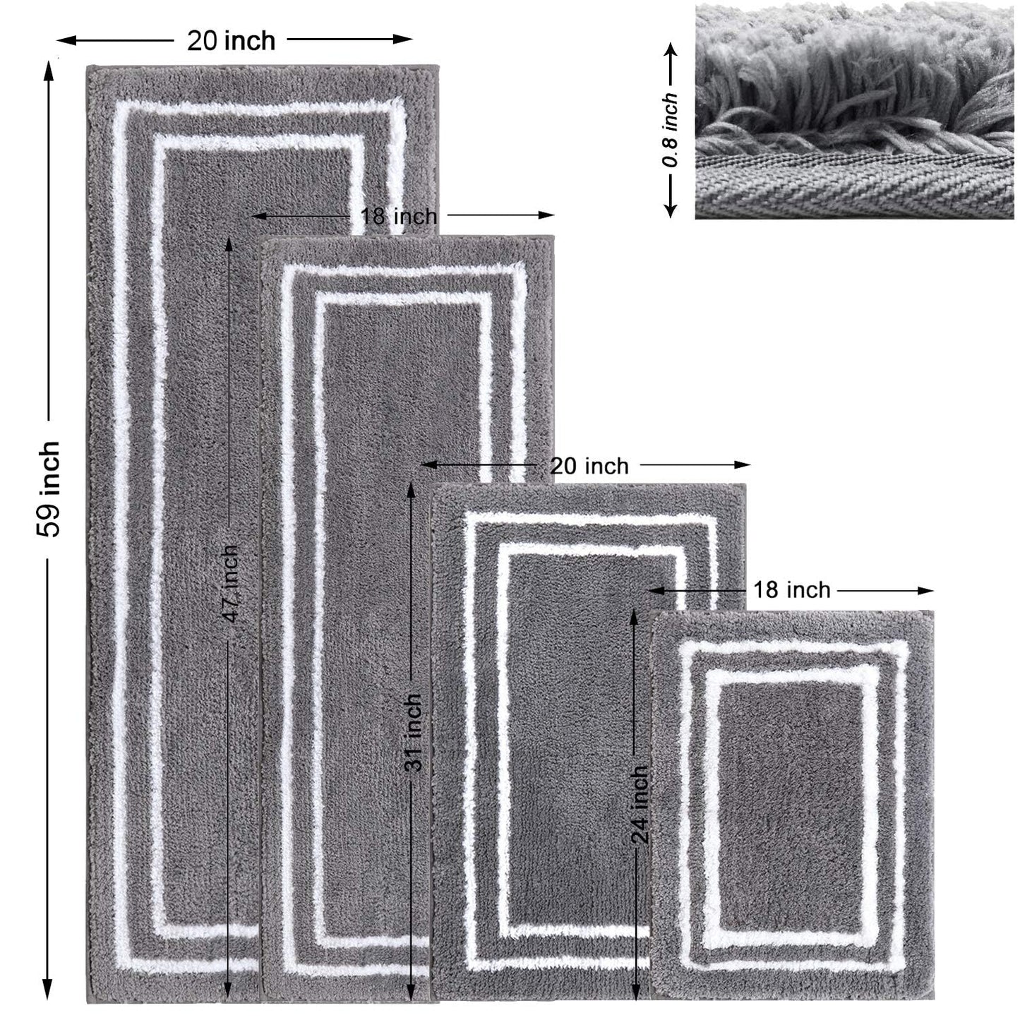 Uphome Bathroom Runner Rug, 18x47 Modern Gray and White Long Bathroom Rug Non Slip Washable, Soft Microfiber Absorbent Bath Mat Runner for Tub, Shower, Floor, Sink