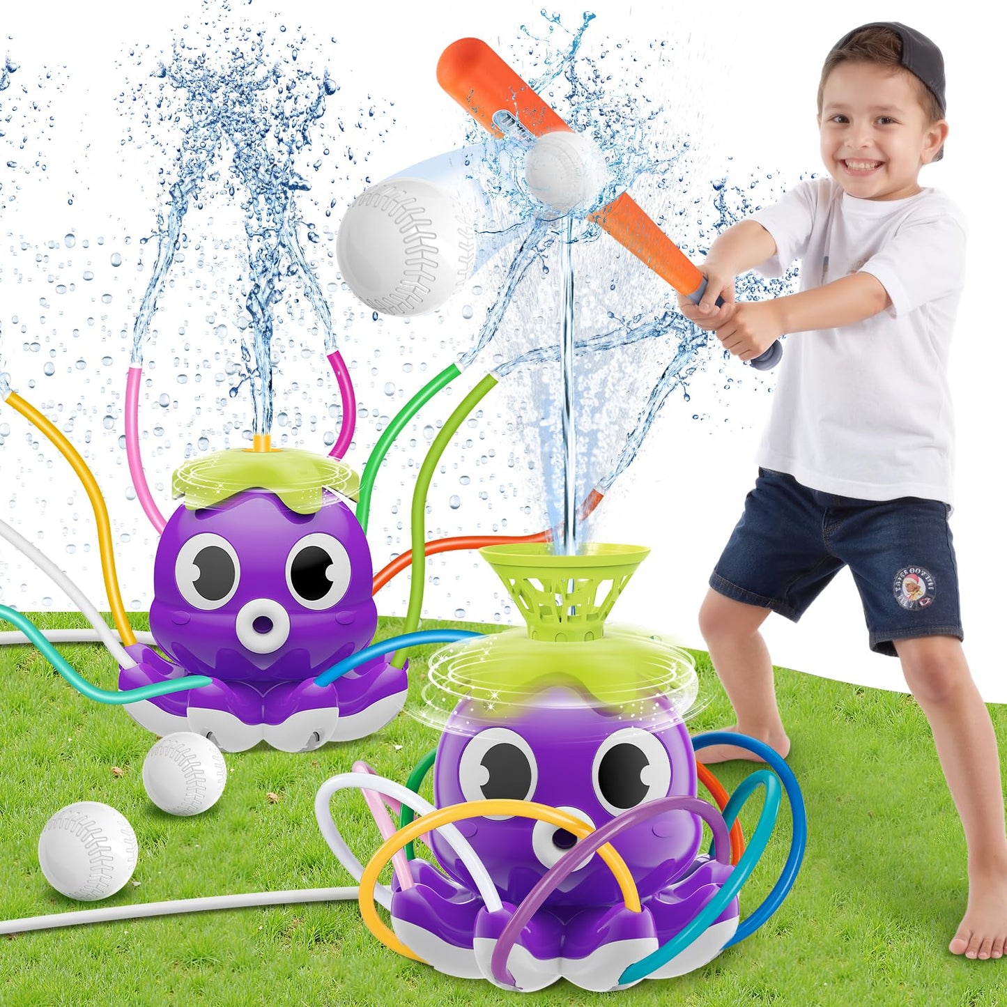 Outdoor Water Spray Sprinkler for Kids and Toddlers, Summer Outside Toys Backyard Games with 8 Wiggle Tubes, Attaches to Garden Hose Splashing Fun Toys for 3 4 5 6 7 8 Year Old Boys Girls Gifts