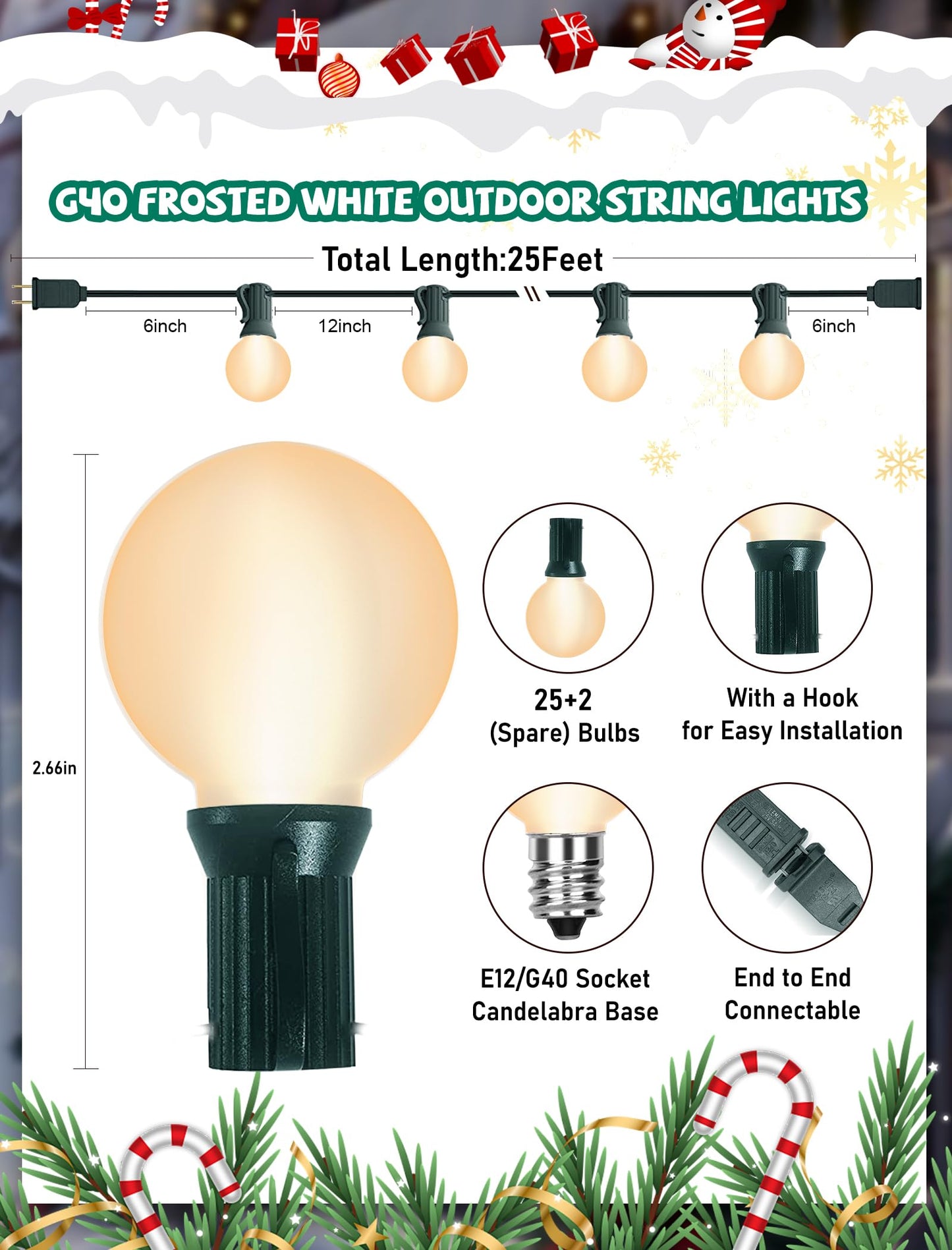 GOOTHY Outdoor String Lights 25Ft G40 Globe Patio String Light with 27 Frosted White Bulbs(2 Spare) Hanging Outdoor Christmas Lights for Backyard Porch Balcony Party Christmas Decor