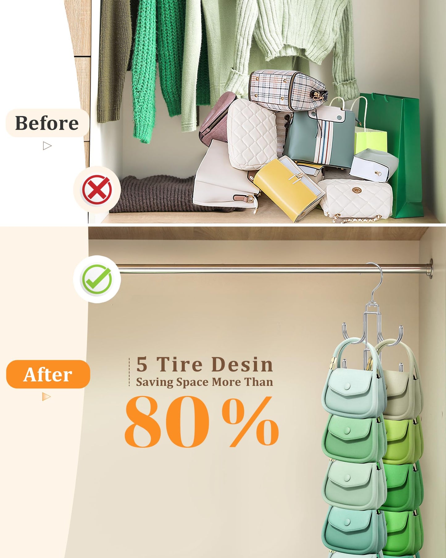 Purse Hanger for Closet, 360 Degree Purse Organizer with 10 Hooks Bag Handbag Hanger Hooks for Purse Hanging, Durable Purse Display Rack Space-Saving Bag Organizer for Women