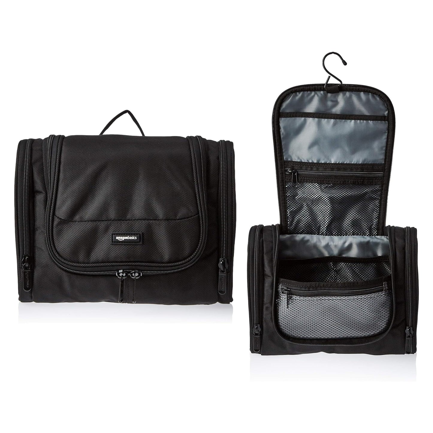 Amazon Basics Travel Toiletry Bag for Men and Women, Hanging Toiletry Bag, Dopp Kit with 2 Side Pockets, Multiple Interior Pockets, Durable 1680D Polyester, Handles Bathroom Spills/Splashes, Black