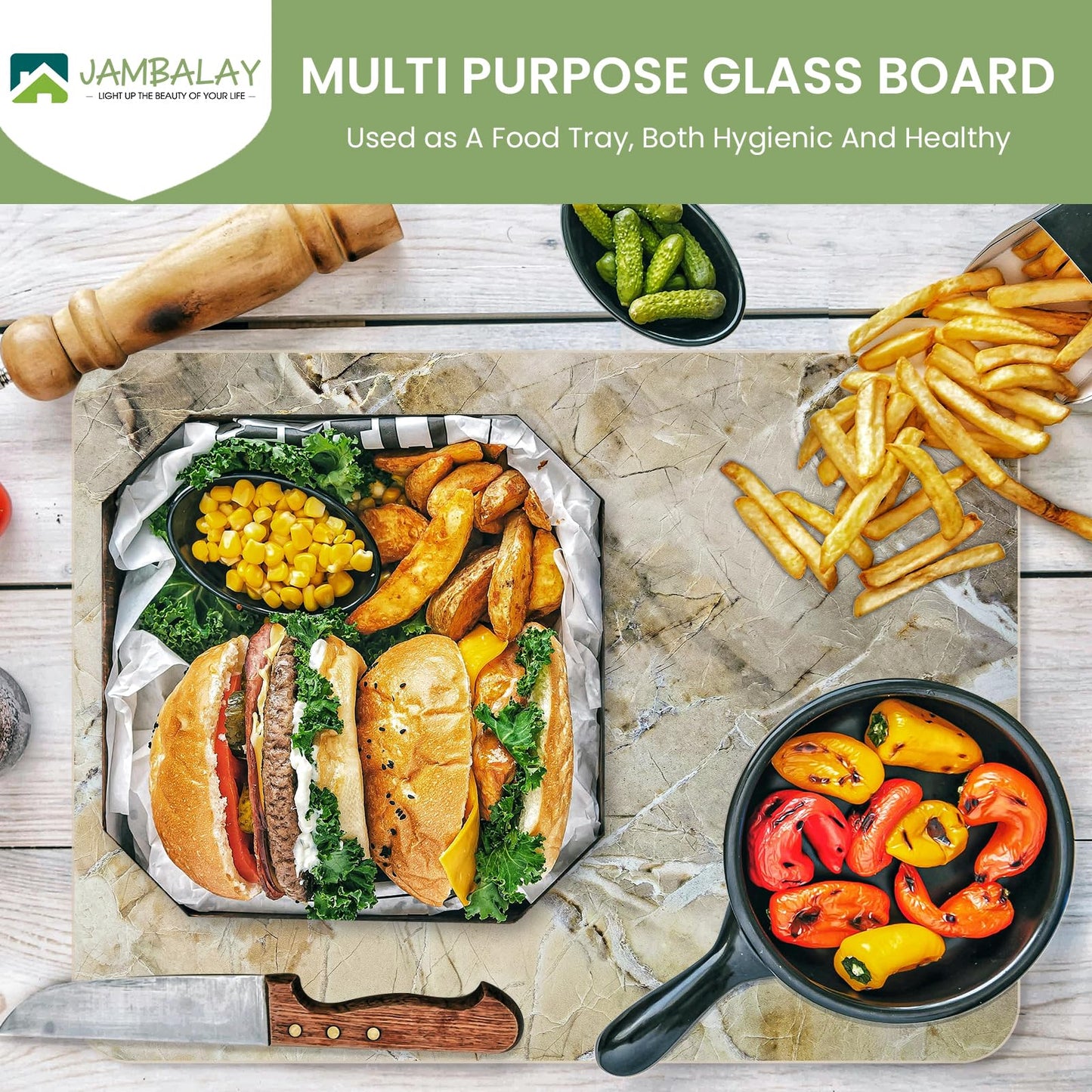 JAMBALAY Tempered Glass Cutting Board for Kitchen, 16"x12" Glass Cutting Board with Design, Chopping Board with Rubber Non Slip Feet, Heat, Shatter Resistant, Dishwasher Safe, WarmBrown