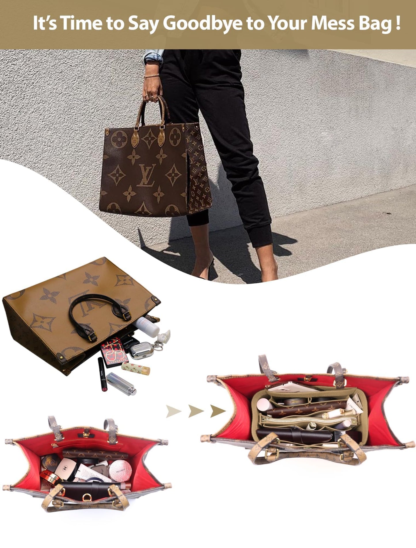 OMYSTYLE Beige Slender Medium Organizer Insert, Felt Tote Bag Organizer Insert with 5 Sizes, Handbag Dividers for Inside Purse, Compatible with Longchamp, Neverful, Speedy and More