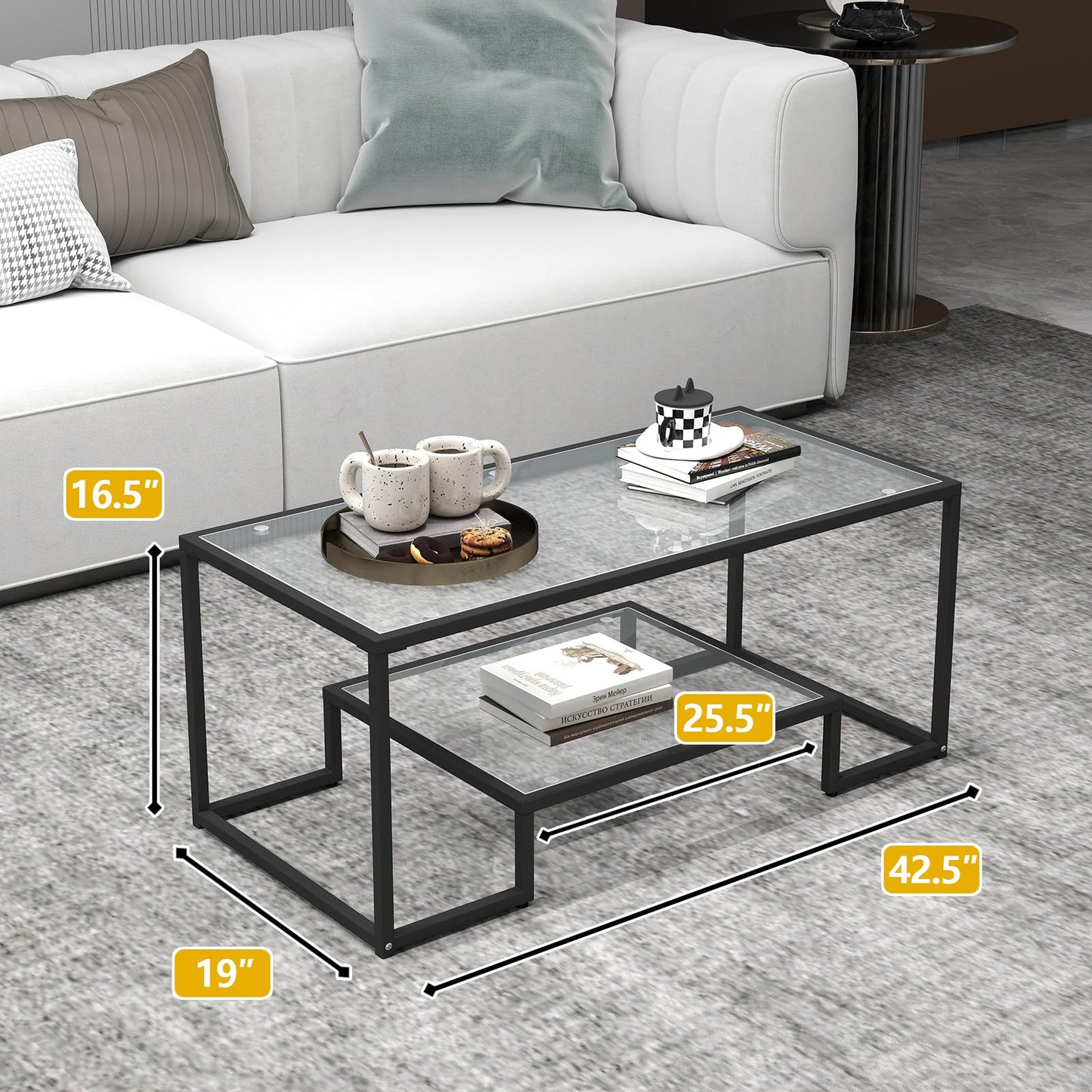 Kebynti 42" Rectangular Glass Coffee Table for Living Room, 2-Tier Center Tea Table with Metal Frame for Small Space, Apartment, Office (Black)