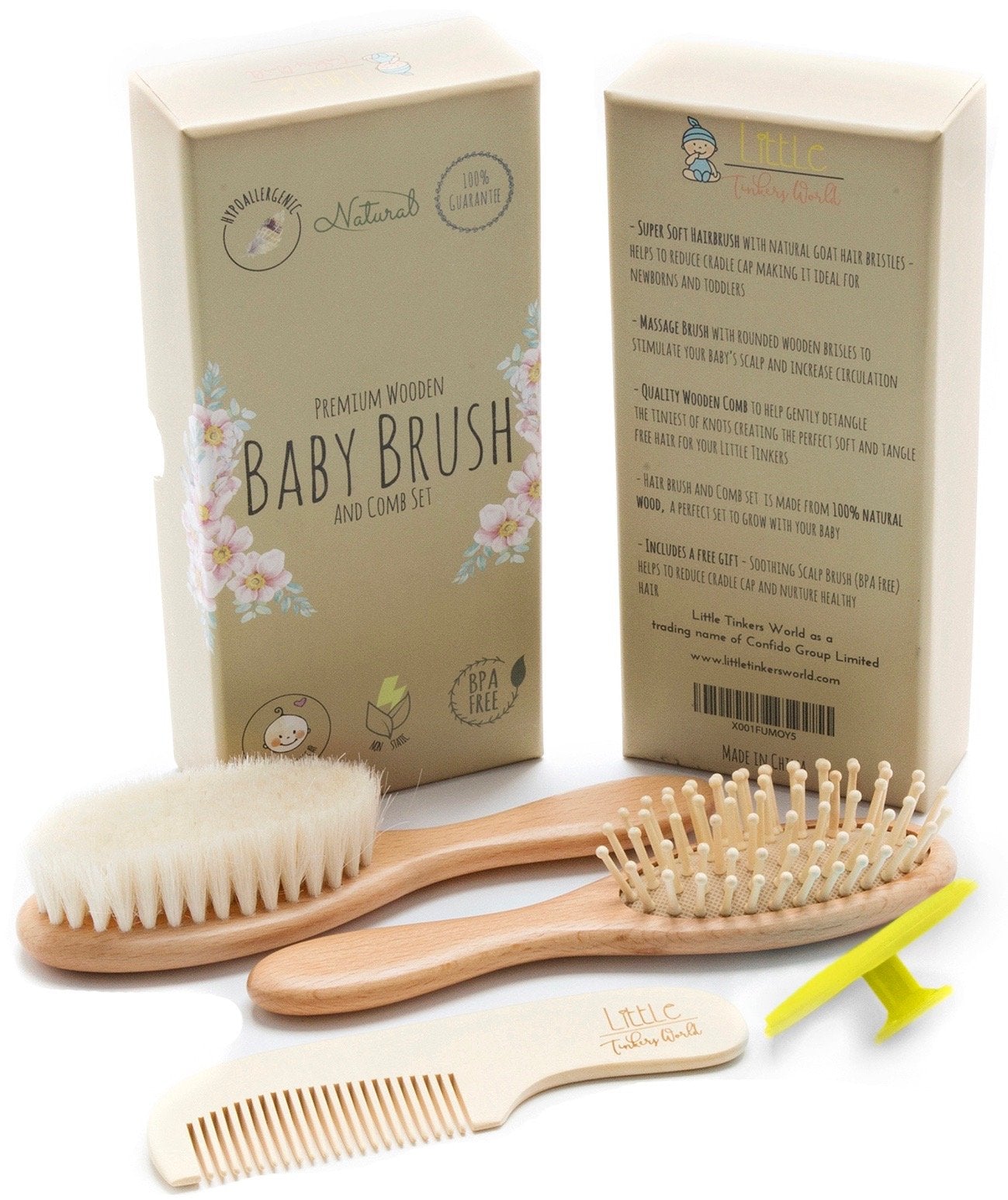 Baby Hair Brush and Comb Set for Newborn Wooden 4 Piece Soft Bristle Baby Brush and Comb Set for Newborn Girl Boy and Toddler Soft Cradle Cap New Born Infant Hair Brushes Perfect Baby Registry Gift