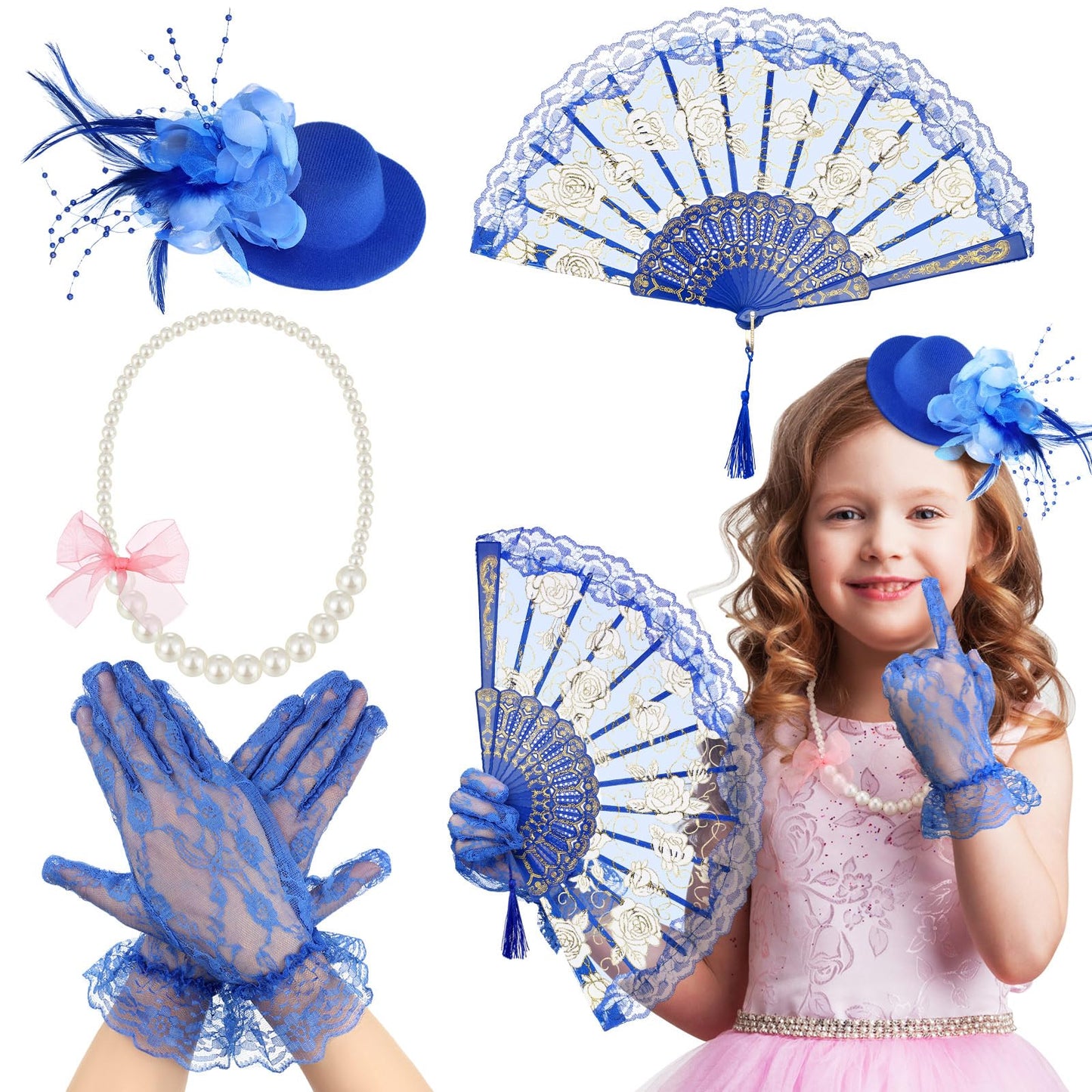 Sintege 4 Pcs Girls Tea Party Set Girls Tea Party Accessories Gloves Hats Necklace Fans for Toddler