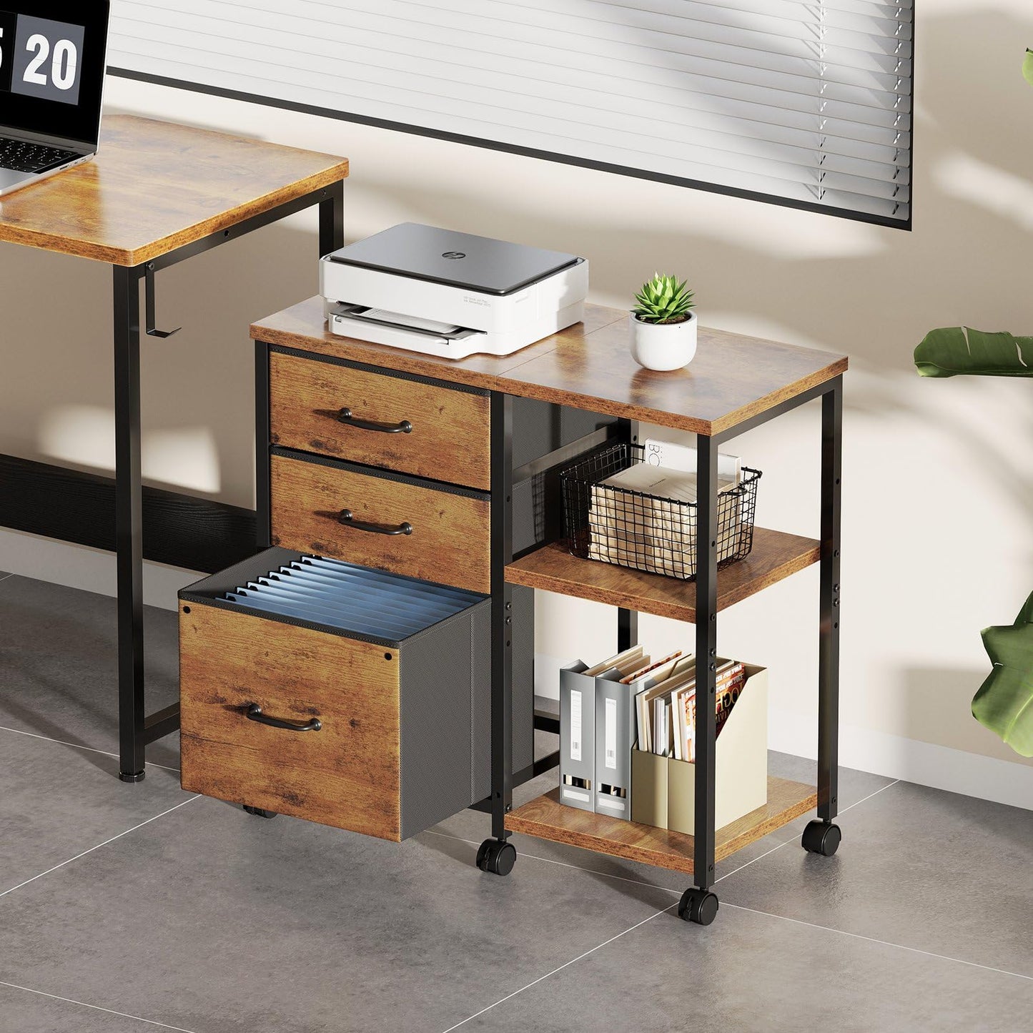 Maihail 3 Drawer File Cabinet with Wheels Rolling Printer Stand with Open Storage Shelf Fabric Lateral Filing Cabinet for Home Office,Rustic Brown2