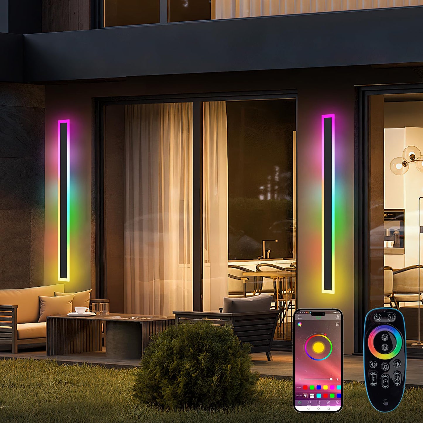 LannlKer Outdoor RGB Long Wall Lights, 31.5inch 2 Pack RGB/Warm/White Dimmable Modern Led Wall Lighting, Ip65 Waterproof Long Wall Sconce with Remote and APP Control for Outdoor/Indoor Party Gathering