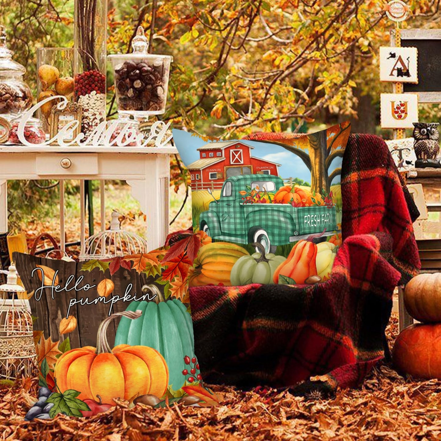 Ywlake 18x18 Fall Pillow Covers Set of 4, Pumpkin Gnomes Decorative Holiday Pillow Case 18 Inch Autumn Cushion Covers Thanksgiving Pillowcase for Indoor Home Bedroom Couch Sofa Decor