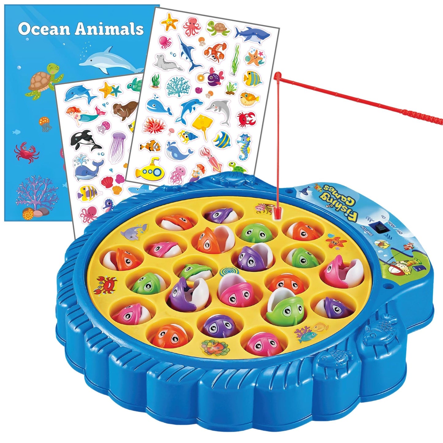 Haktoys Fishing Game for Kids & Toddlers – Battery-Operated Rotating Fishing Toy with 21 Fish, 4 Poles & Music On/Off Switch – Fun Educational Board Game for Boys & Girls