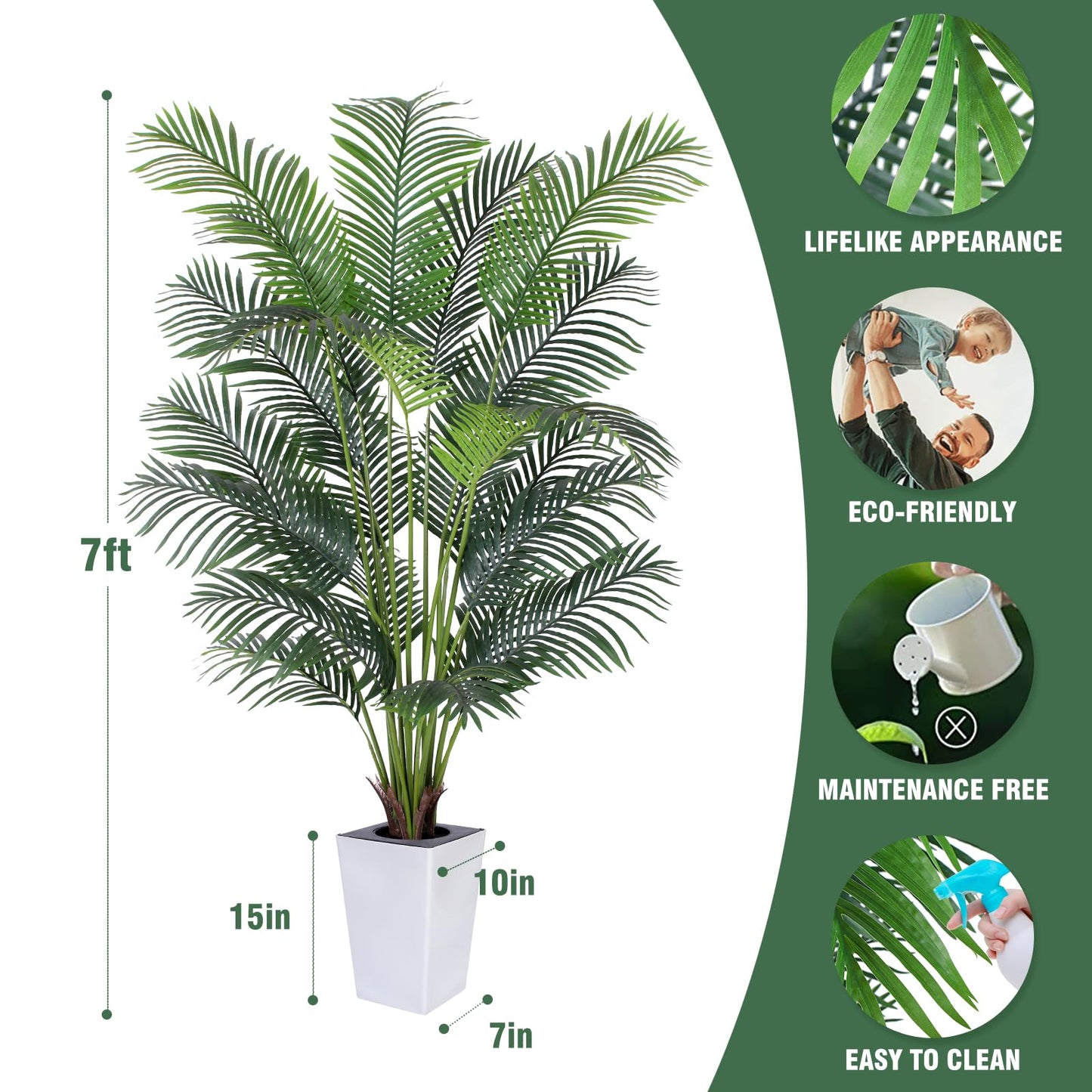 Artificial Palm Tree with White Tall Planter, 7ft Tall Potted Artificial Silk Palm Tree Plant, Fake Tropical Plant, Home Office Floor Room Decor Plants Indoor Outdoor, Housewarming Gift
