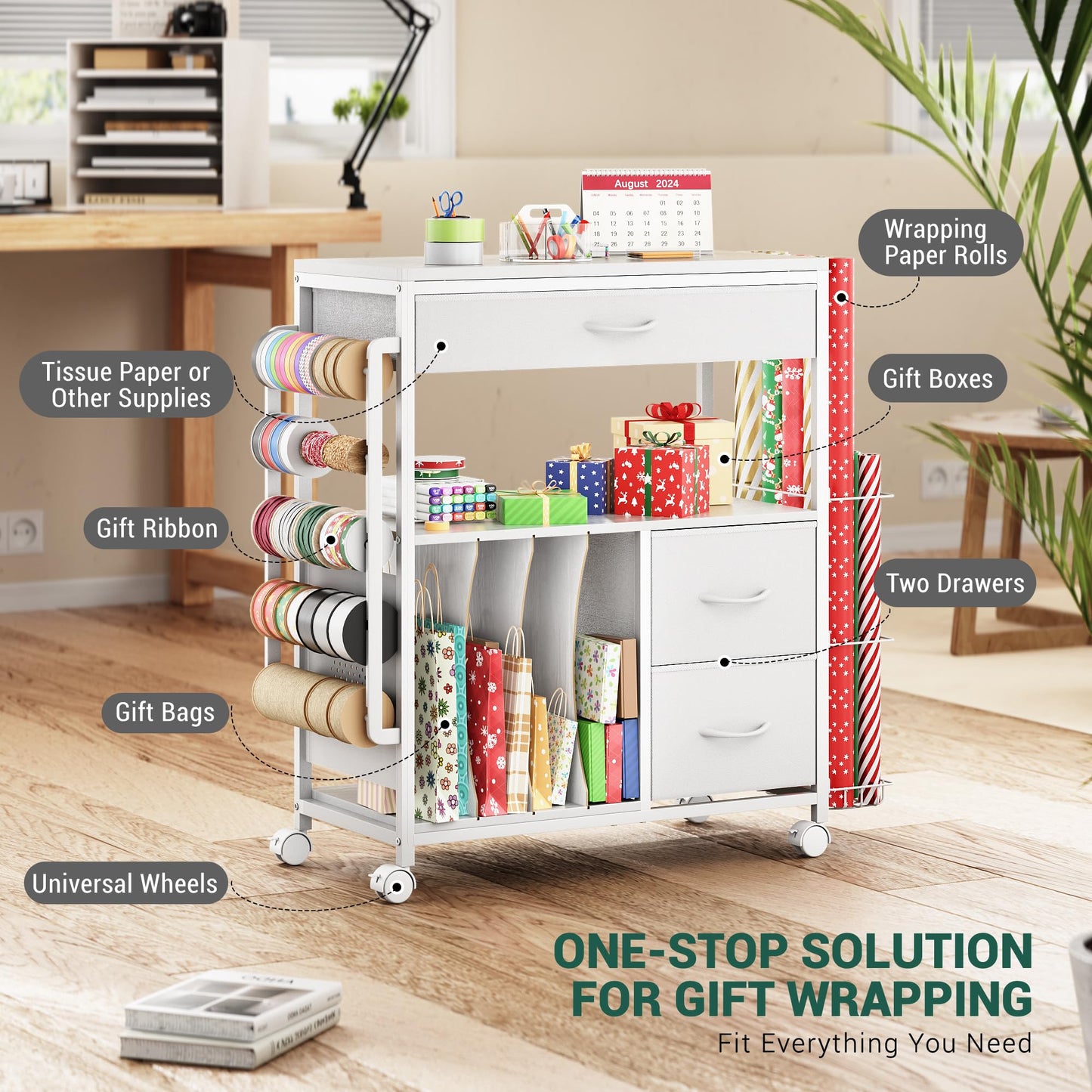 PUNLUXU Wrapping Paper Storage Cart, Rolling Gift Wrap Station with Ribbon and Gift Bag Storage, Wrapping Paper Organizer Holder, Craft Organizers and Storage, Craft Storage Cart 03 Patent Protected