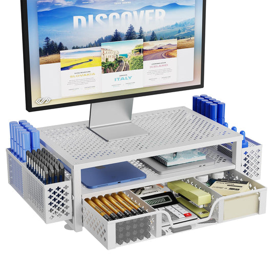 Simple Trending 2 Tier Metal Monitor Stand Monitor riser and Computer Desk Organizer with Drawer and Pen Holder for Laptop, Computer, iMac, Black