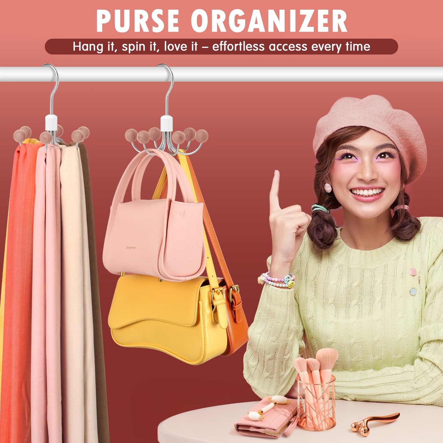 DOIOWN Purse Organizer,2 Pack Space Saving Purse Hangers for Closet,Multi Purpose Rotating Tank Top Hangers for Bags, Bras,Scarfs,Ties, Hoodies, Hat Closet Organizers and Storage