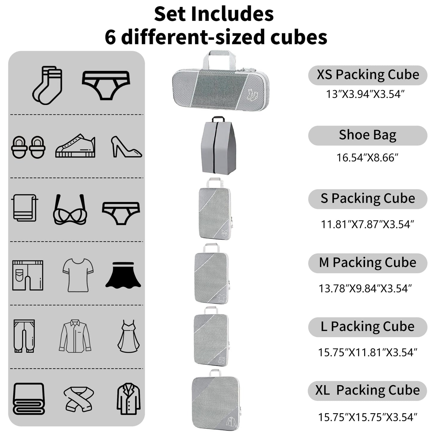 Ultralight Suitcase Organiser Bags Set - 6 Expandable Packing Cubes for Travel Essentials, Carry-on Luggage Suitcase (Grey)