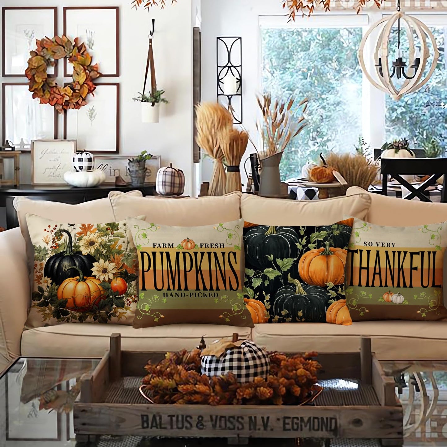 NIGHTWISH Fall Pillow Covers 18x18 Set of 4 Thanksgiving Farmhouse Decorations Dark Green Orange Pumpkin Outdoor Fall Decor Throw Pillow Covers Striped Vines Harvest Autumn Cushion Case for Sofa Couch