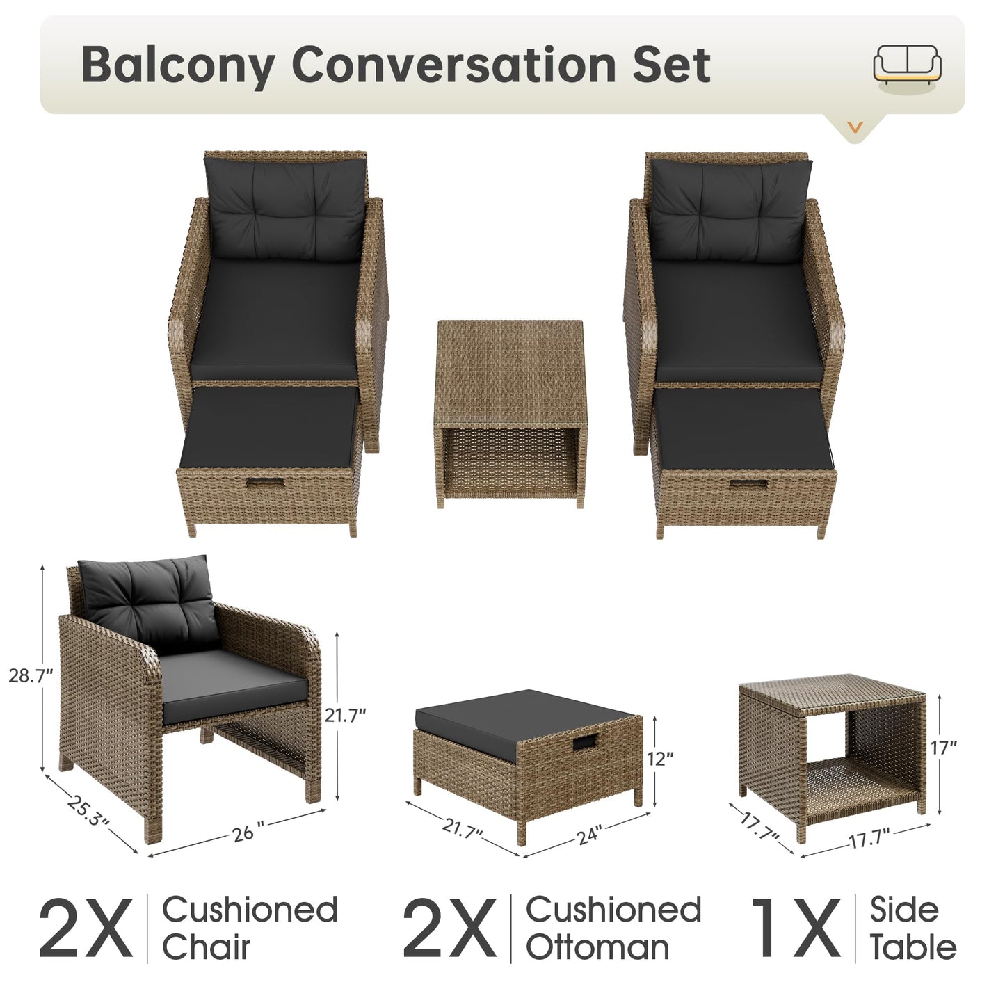 LHBcraft Balcony Furniture 5 Piece Patio Conversation Set, PE Wicker Rattan Outdoor Lounge Chairs with Soft Cushions 2 Ottoman&Glass Table for Porch, Lawn