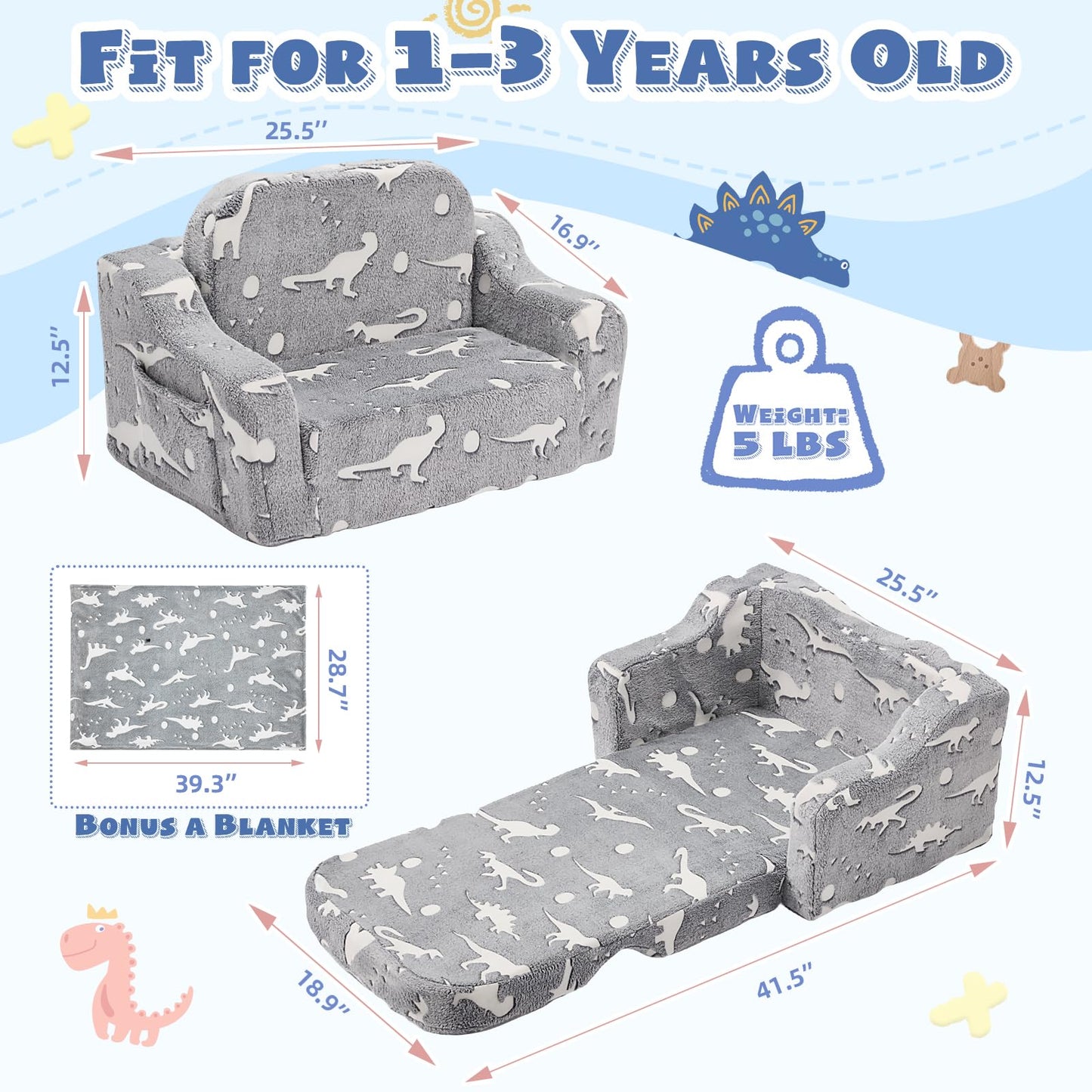BUPPLEE Kids Sofa, 2-in-1 Soft Toddler Couch Fold Out, Toddler Chair Comfy with Cute Designs, Convertible Sofa to Lounger for Girls and Boys, Gray