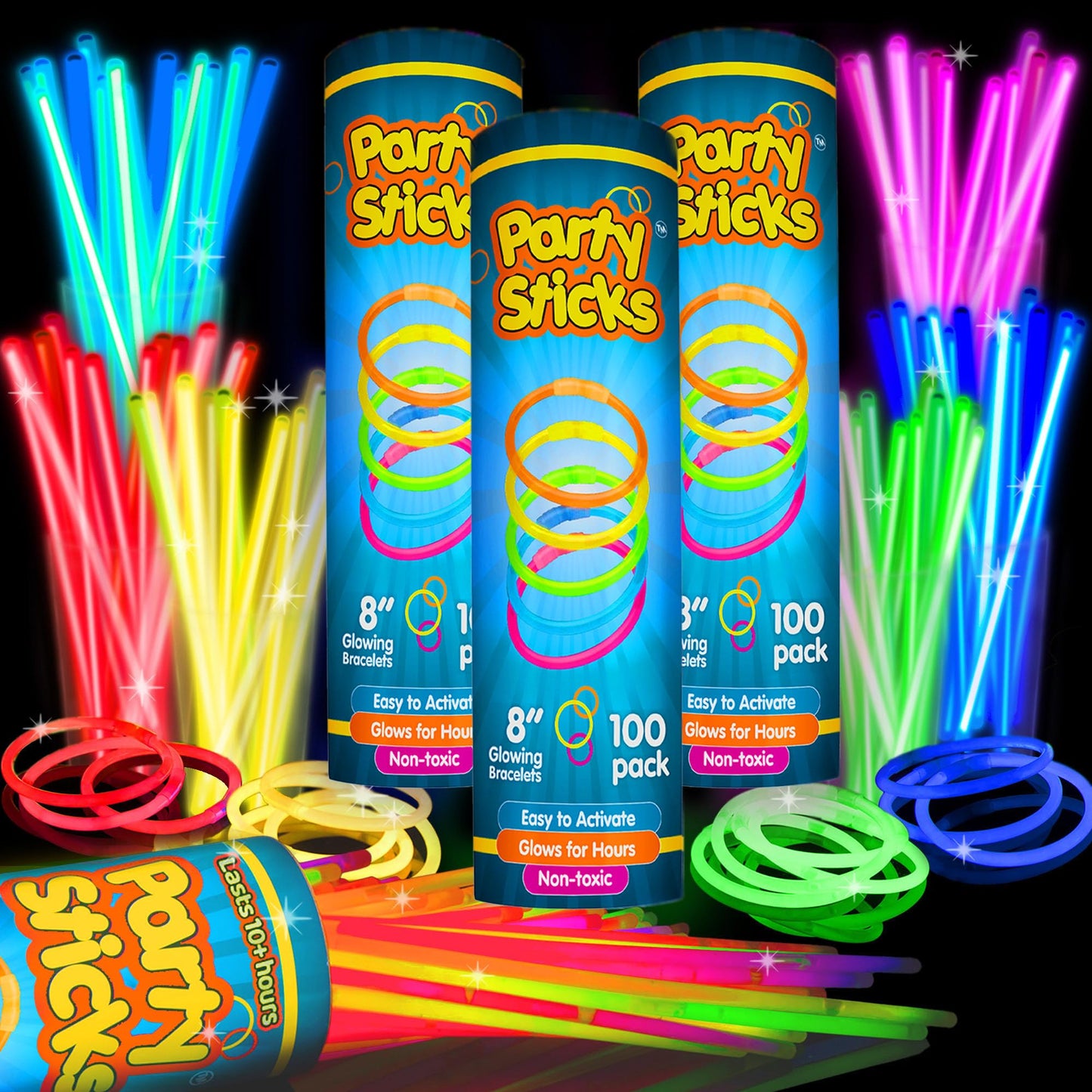 PartySticks 300 Ultra Bright Glow Sticks Jewelry Bulk Party Favors and Connectors - 8" Glow in The Dark Party Supplies, Neon Party Glow Necklaces and Glow Bracelets for Kids and Adults