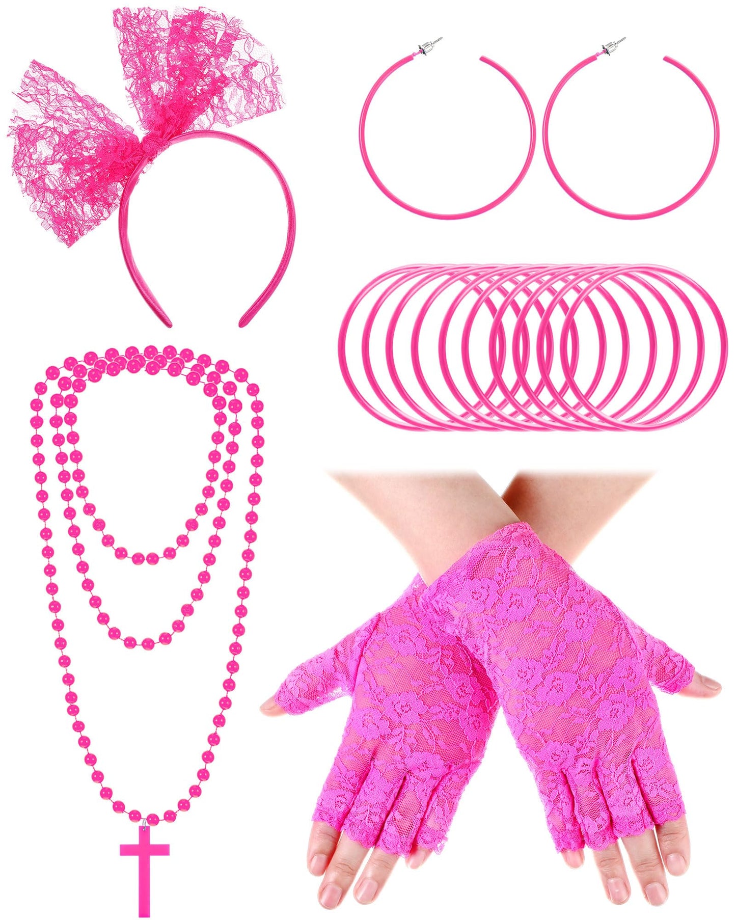 Blulu 80s Fancy Dress Costume Accessories Lace Headband Earrings Fishnet Gloves Necklace Bracelet for 80s Retro Party