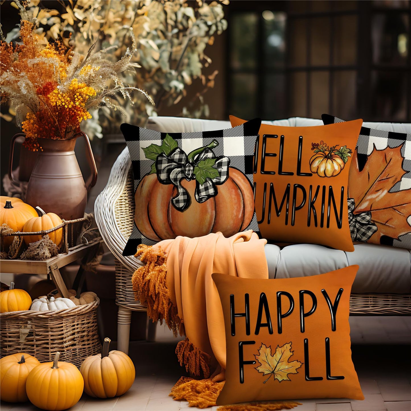 MODOVOS Fall Maple Leaf Pumpkin Throw Pillow Covers Thanksgiving Farmhouse Decorations Buffalo Plaid Outdoor Fall Decor Pillow Covers 18x18 Set of 4 Harvest Autumn Cushion Case for Sofa Couch