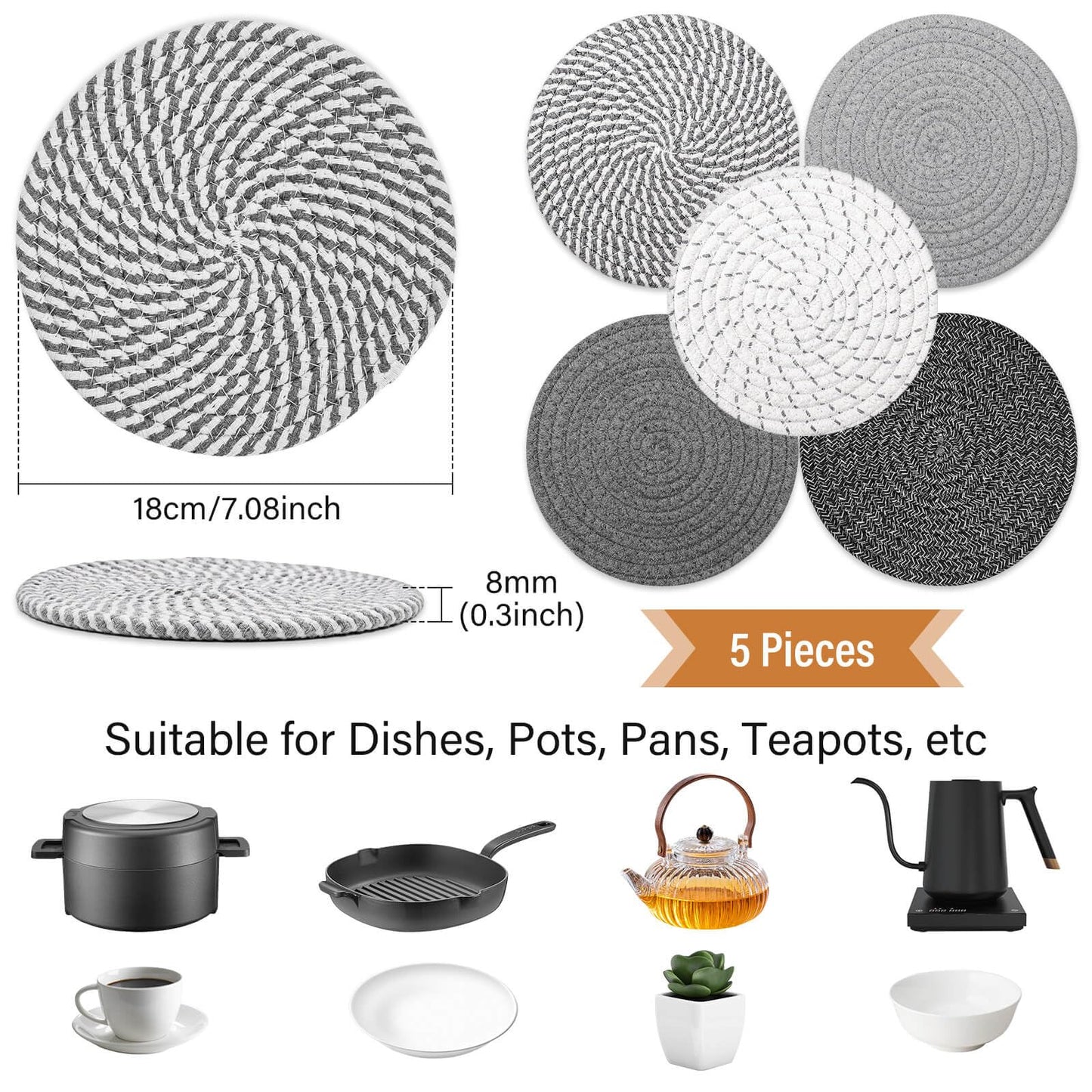 Tidponra Trivet Mats Set for Hot Dishes, 5 Heat Resistant Pot Holders Kitchen Counter, Table, Home Essentials, Anti Stain Hot Pads Plate Mats for Hot pots and Pans, 7 Inches