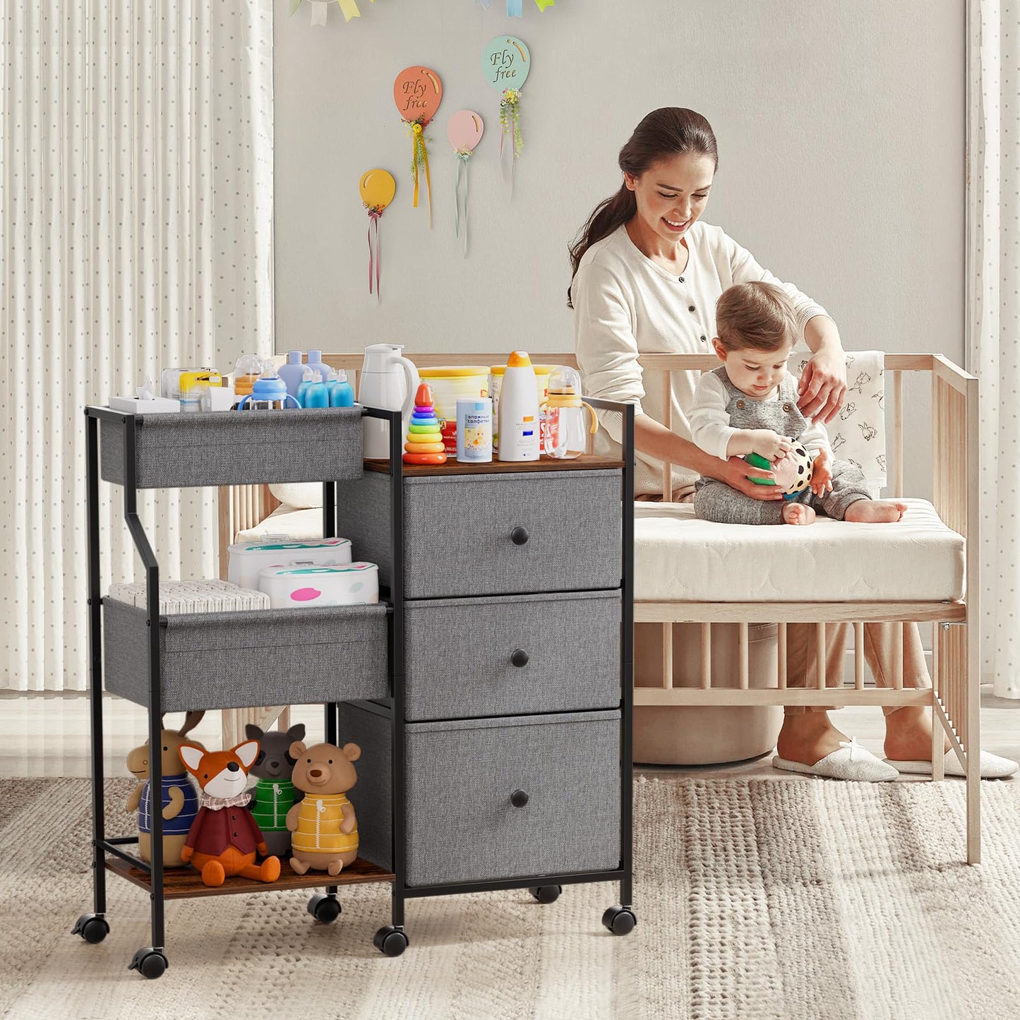 Modanais Baby Diaper Caddy Organizer and Storage - 3 Tier Rolling Cart with Dividers and Drawers, Easy To Assemble, Mobile Utility Cart with Wheels for Nursery, Bedroom, Changing Table & Crib
