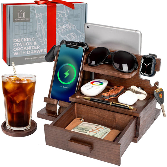 Wood Phone Docking Station - Wood Charging Station Organizer Stand, Bedside Nightstand Organizer for Men and Women, Holds Phone, Tablet, Keys, Glasses, EDC and More