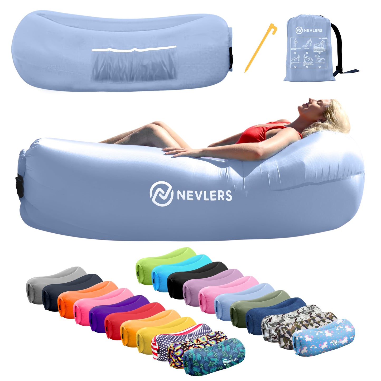 Nevlers Periwinkle Blue Inflatable Lounger | 210T Polyester Blow Up Couch | Inflatable Beach Chair w/ 450 lbs. Capacity, Pockets, & Carry Bag | No-Pump Air Couch for Use as Music Festival Accessories