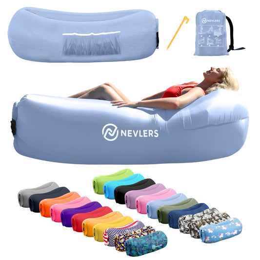 Nevlers Periwinkle Blue Inflatable Lounger | 210T Polyester Blow Up Couch | Inflatable Beach Chair w/ 450 lbs. Capacity, Pockets, & Carry Bag | No-Pump Air Couch for Use as Music Festival Accessories
