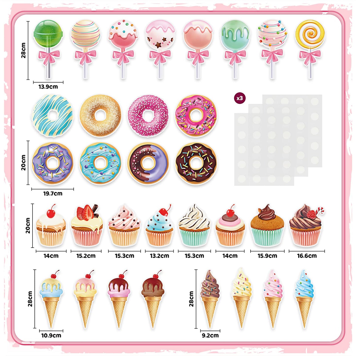Sepamoon 32 Pcs Candy Party Decorations Summer Ice Cream Bar Supplies Includes Ice Cream Donuts, Round Lollipop and Cupcakes Cutouts for Birthday Party with Glue Point Dots for Home Room Decor