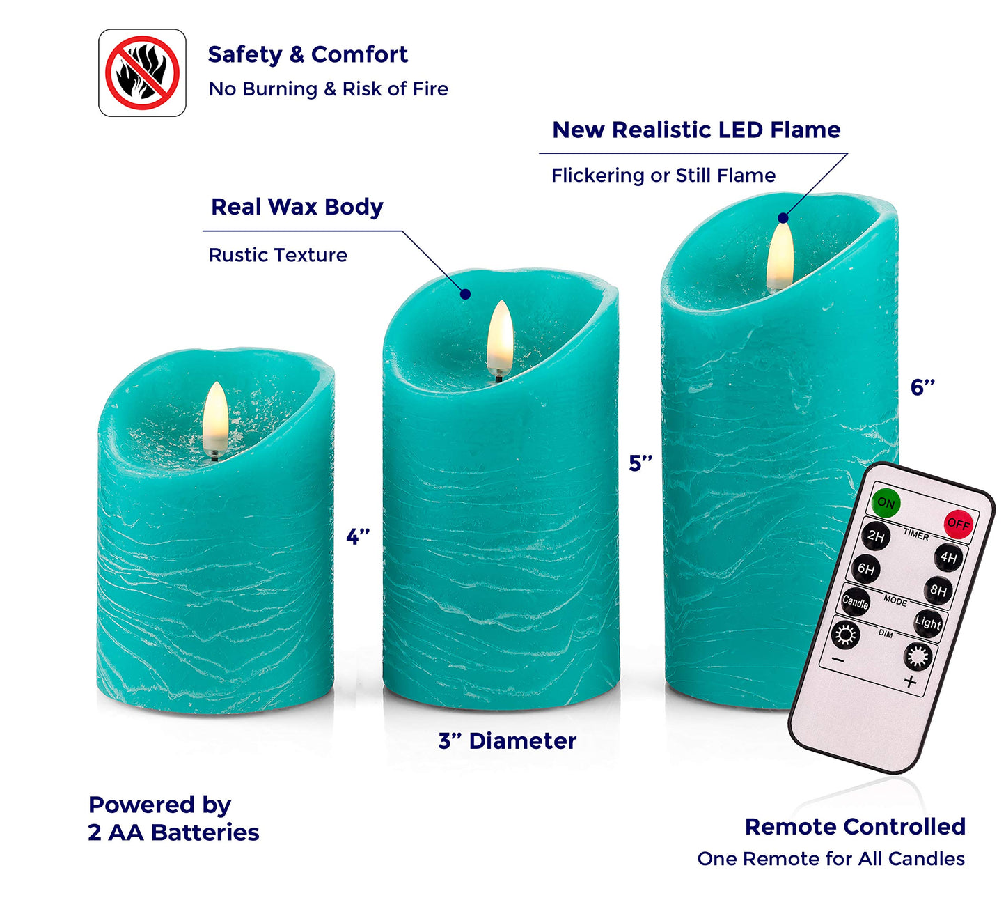 VENTA Flickering Flameless Candles with Remote Control - Led Candles Battery Operated - Battery Operated Candle for Decoration Table, Timer & Dimmer Features, Set - 3Pcs (4",5",6") (Turquoise)