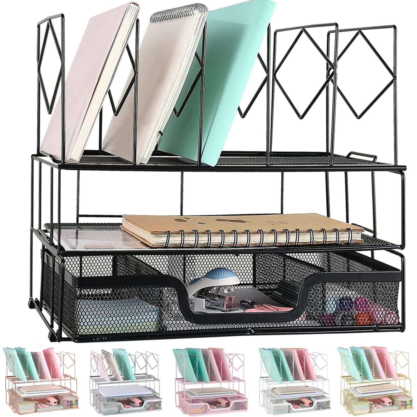 gianotter Desk Organizers and Accessories, Office Supplies Desk Organizer with Sliding Drawer, Double Tray and 5 Upright Section File Sorter Organizer (Rose Gold)