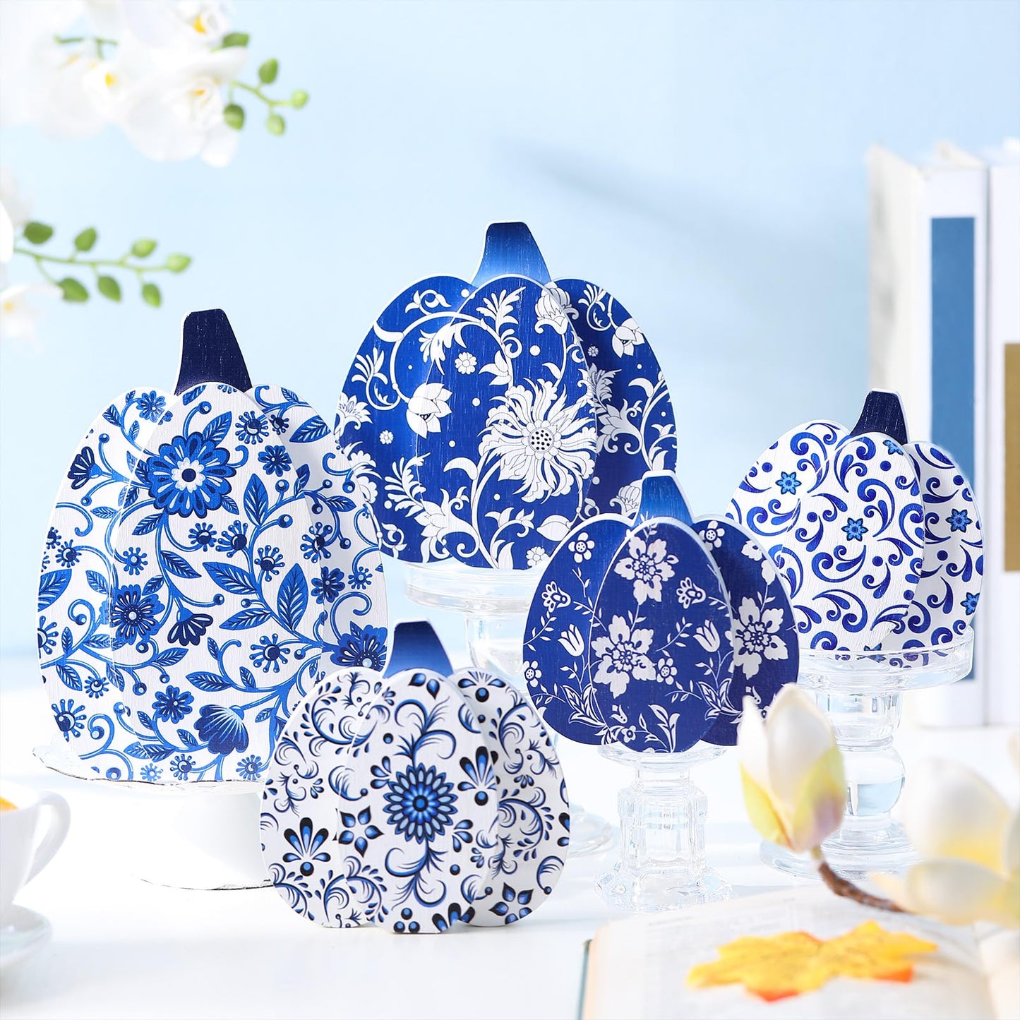 Moucuny 5 Pcs Blue and White Porcelain Pumpkin Decor Chinoiserie Porcelain Fall Pumpkin Sign Autumn Farmhouse Rustic Tiered Tray Decorations Table Centerpieces Standing Wooden Block for Home Kitchen