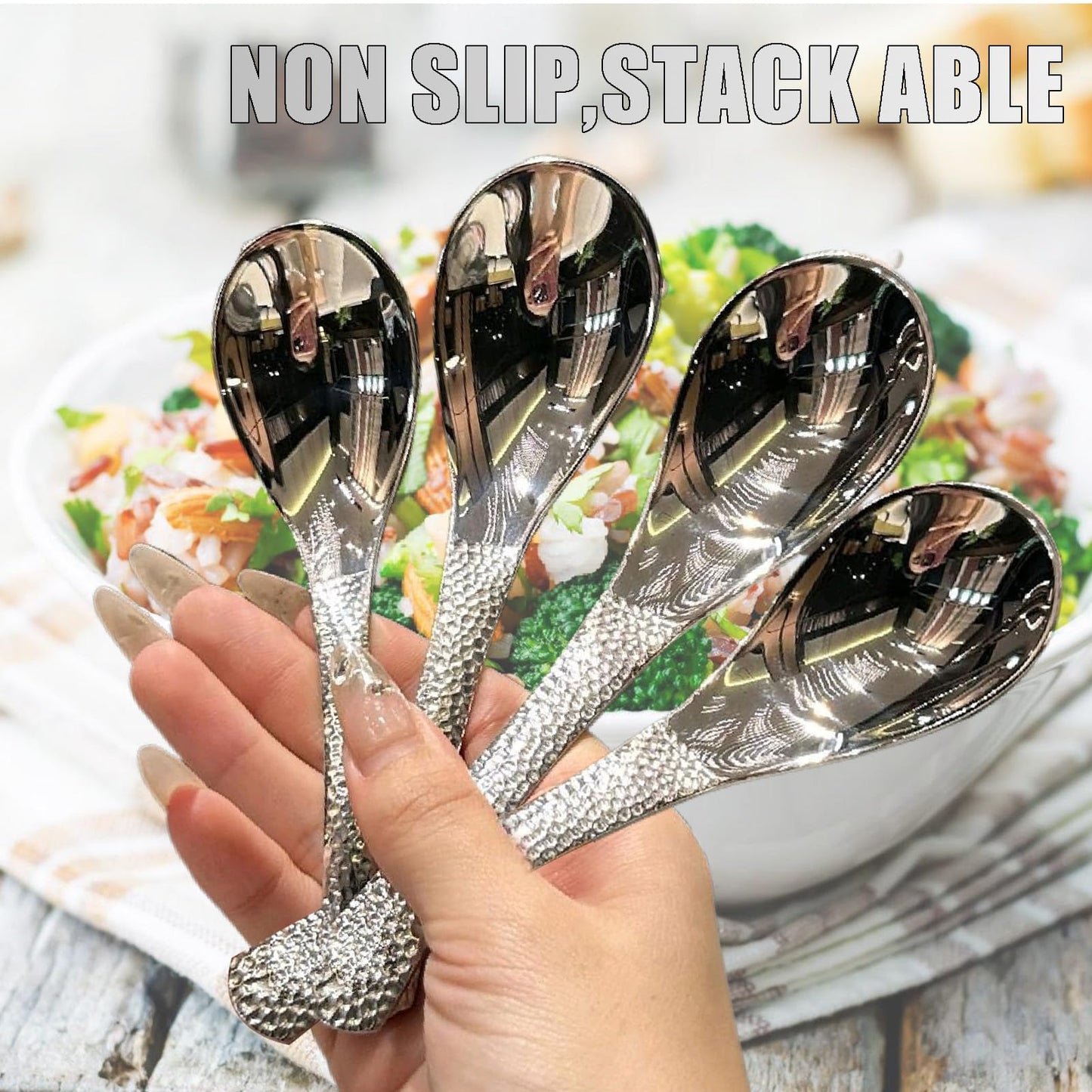 OULIGET Thickened Stainless Steel Soup Spoons, Asian Chinese Japanese Flat Soup Spoons Large for Ramen Pho Wonton Dumpling Miso, Deep Oval Hook Design, Set of 4,6.5 Inches