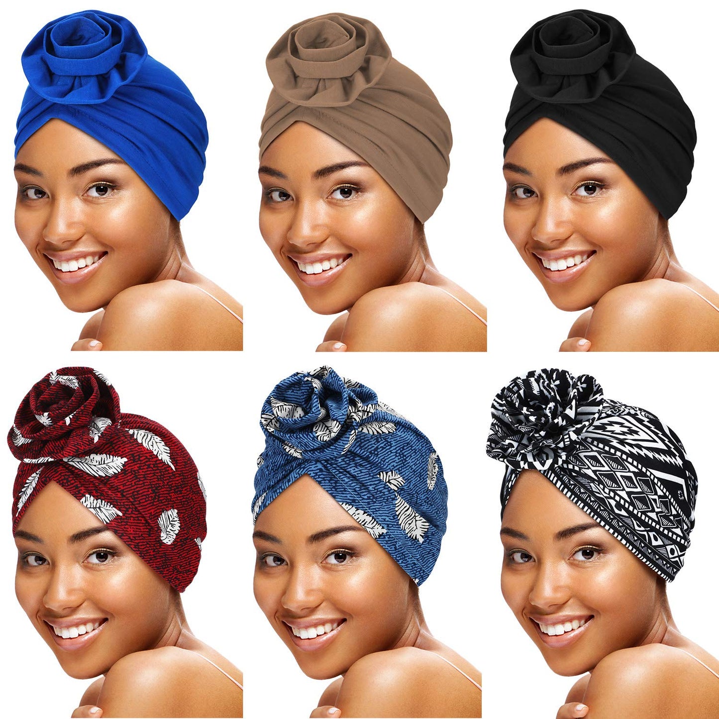 SATINIOR 6 Pieces Women Turban African Pattern Headwrap Colorful Printed Pretied Flower Knot Bonnet Hat for Women Girls