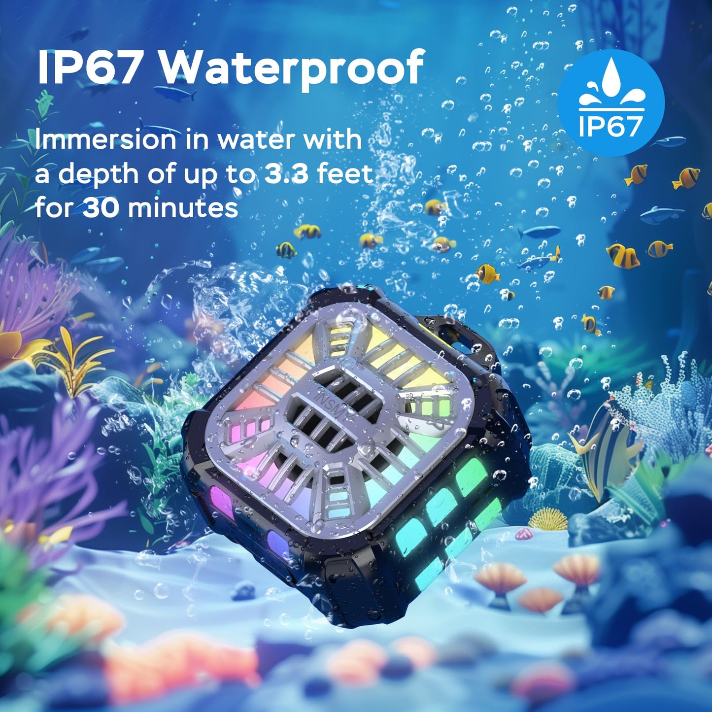 INSMY Shower Bluetooth Speaker, IP67 Waterproof Portable Small Wireless Link Over 100+ Speakers, Big Volume Booming Bass, 24H Playtime/Floatable/RGB Lights for Outdoor/Kayak/Beach/Golf (Black)