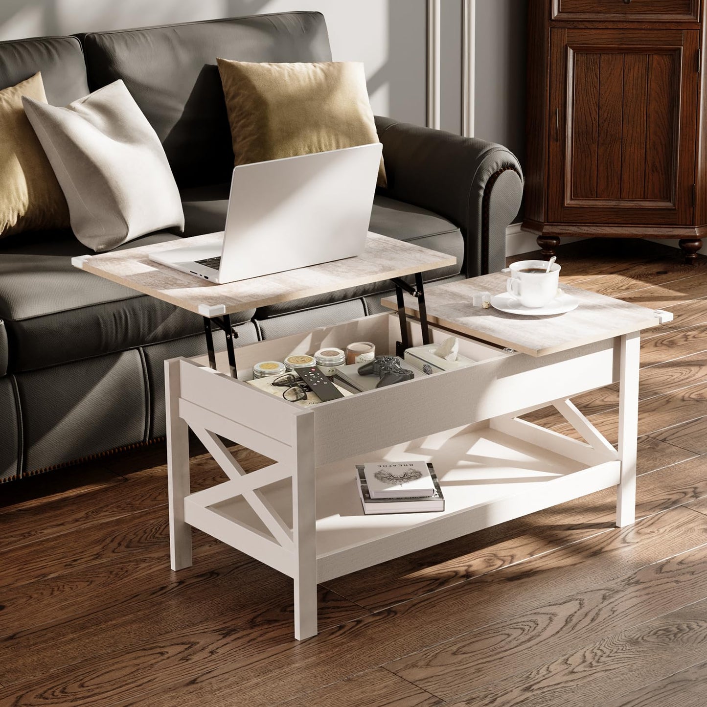 Vendricasa Lift Top Coffee Table with Storage, 39" Wooden Table for Lifting Top with Hidden Compartment, X Design Coffee Table for Living & Office & Reception Rooms, Rustic Brown