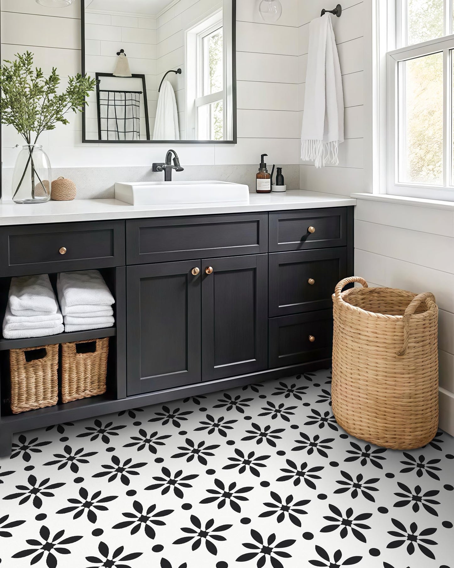 MORCART Peel and Stick Floor Tile - Vinyl Flooring Self Adhesive DIY: Square White+Black Flowers 8" x 8" 20 PCS, Waterproof and Removable Tile Sticker for Kitchen, Bathroom, Staircase FT-1624