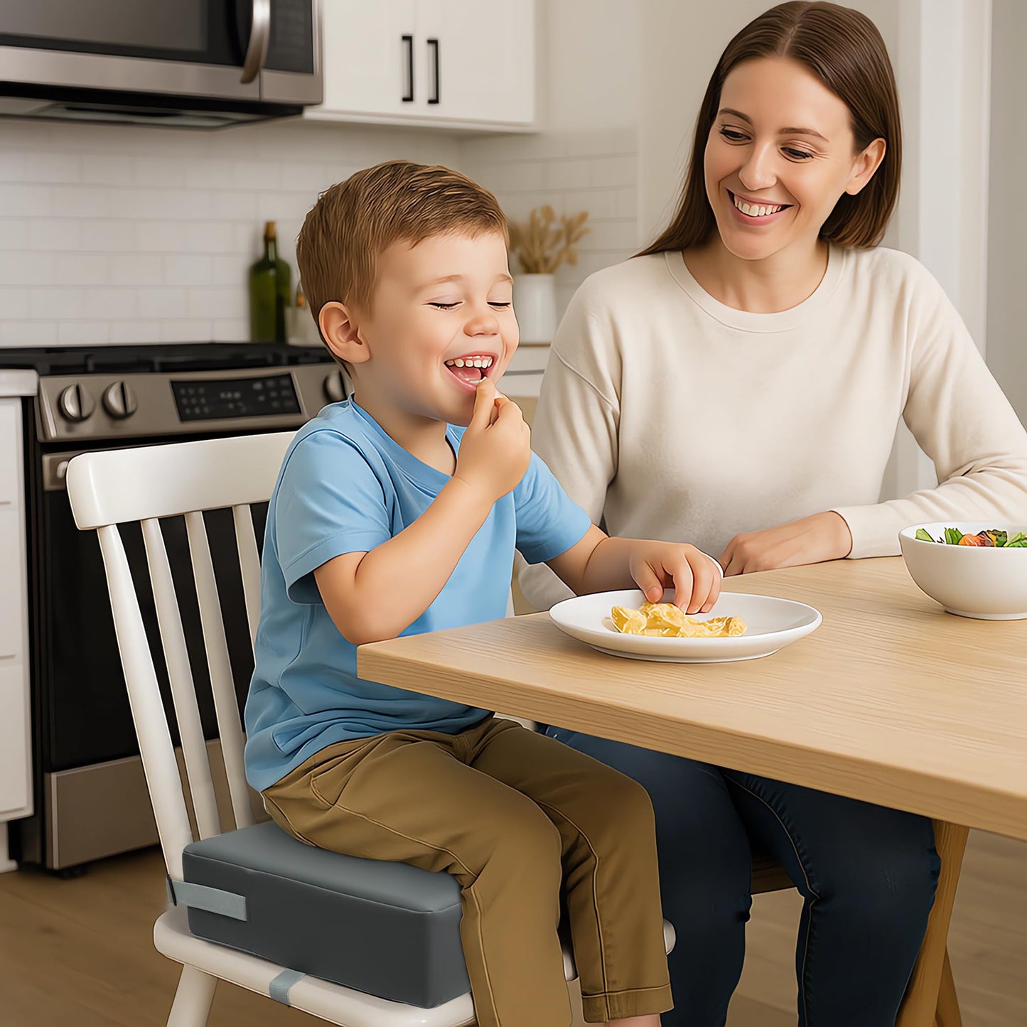 Eiury Booster Seat for Dining Table, PU Anti-Scratch Easy Cleaning Kids Toddler Booster Seat for Table, Portable Increasing Booster Cushion with Non-Slip Bottom and Adjustable Elasticity Straps