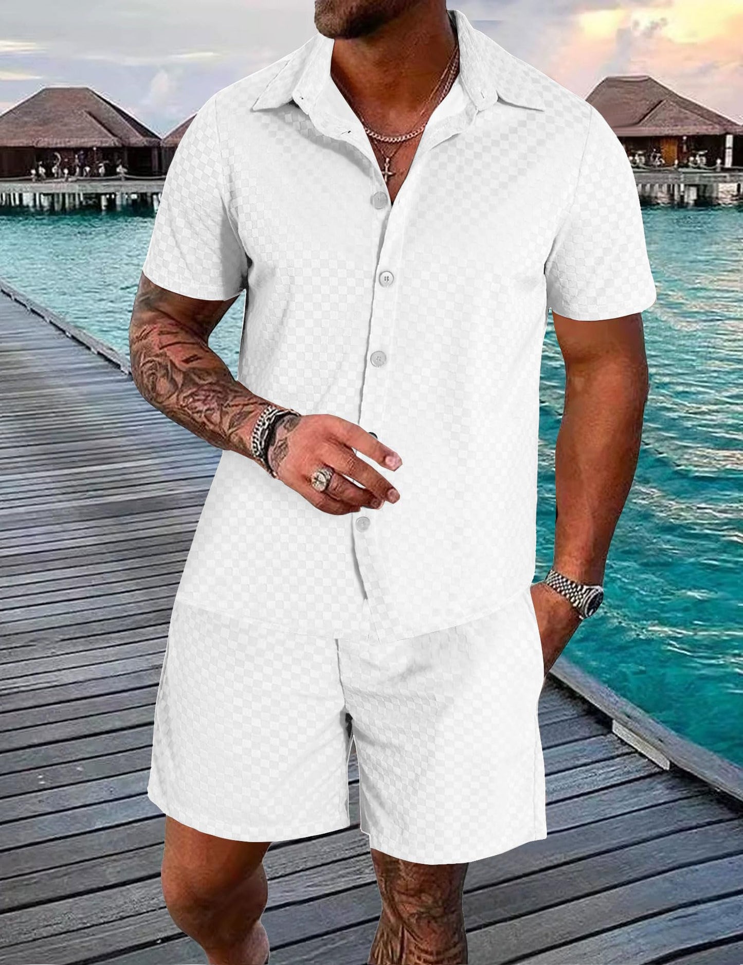UOUA Mens Velour Tracksuit 2 Piece Outfits Short Sleeve Button Down Shirt and Short Sets Casual Sweatsuits White 3XL