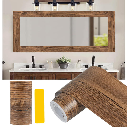 10M Black Wood Grain Mirror Frame Border Peel and Stick Wallpaper, Removable PVC Waterproof Bathroom Mirror Tape Sticker Trim, Kitchen Wallpaper Self Adhesive Decor Sticker 1.96" x 393"