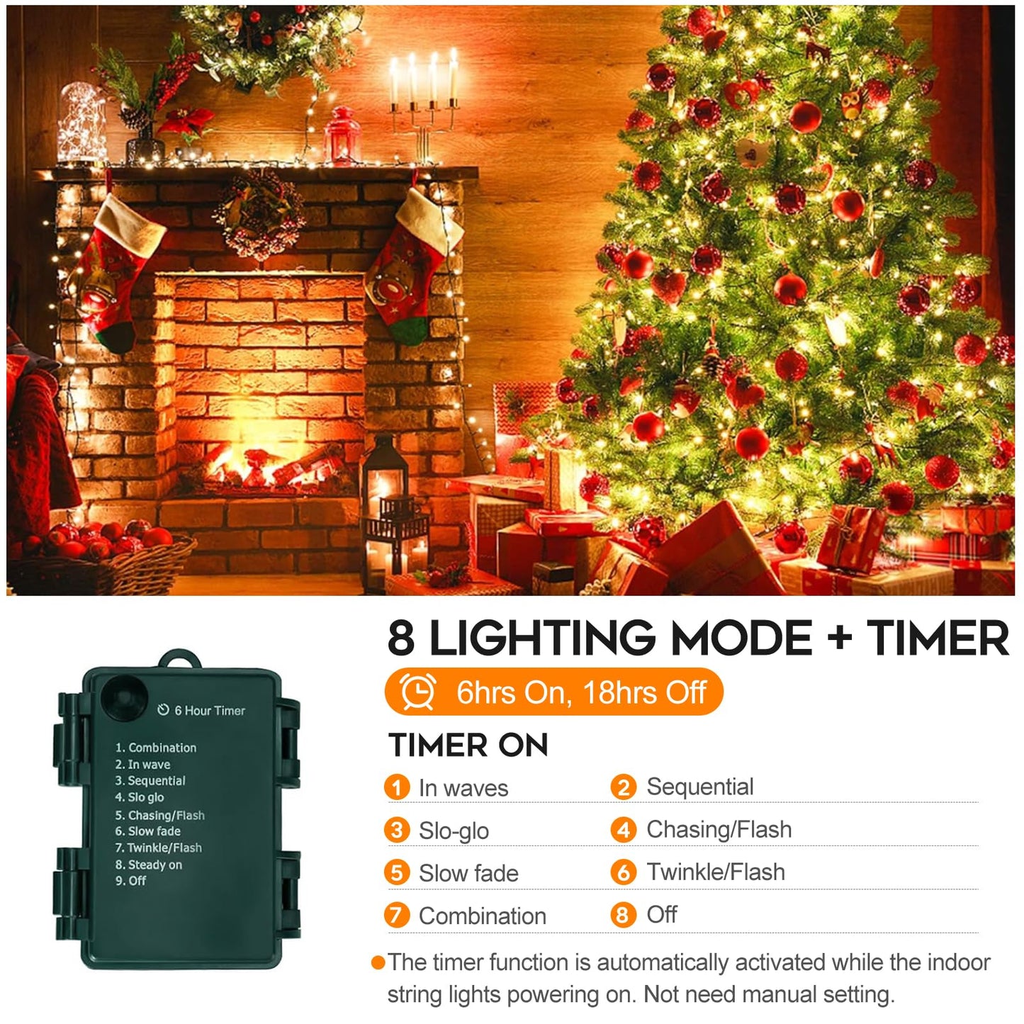 Battery Operated Christmas Lights, 33 FT 100 LED Mini String Lights with Timer and 8 Modes, Green Wire Outdoor Waterproof String Lights for Tree Xmas Indoor Holiday Party Garden Decor, Warm White