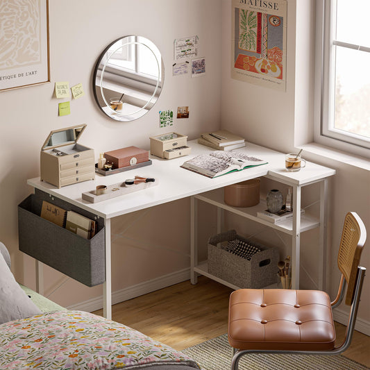 TENKIA L Shaped Desk, 40" Small Reversible Corner Computer Desk with Storage Shelves, Home Office Desk Study Writing Table, White