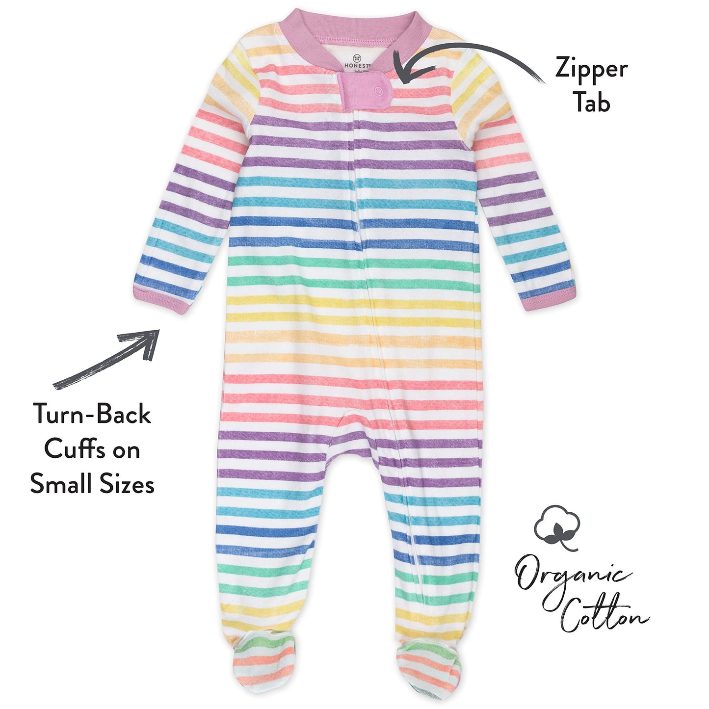 HonestBaby Baby Girls Play Footed Pajamas One-piece Jumpsuit Zip-front Pjs 100% Organic Cotton For And Toddler Sleepers, Rainbow Stripe, 3-6 Months US
