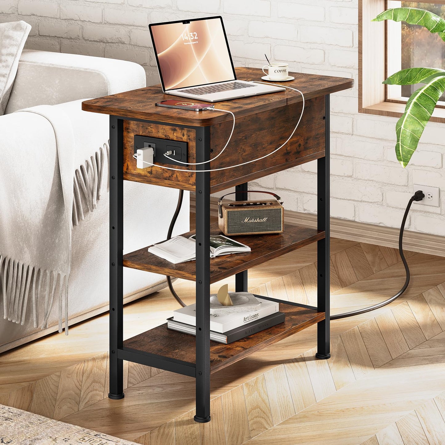 GRUSIGN End Table with Charging Station, Flip Top Side Table with USB Ports and Outlets, 3-Tier Small Side Table with Storage for Small Space, End Tables for Living Room/Bedroom, Brown