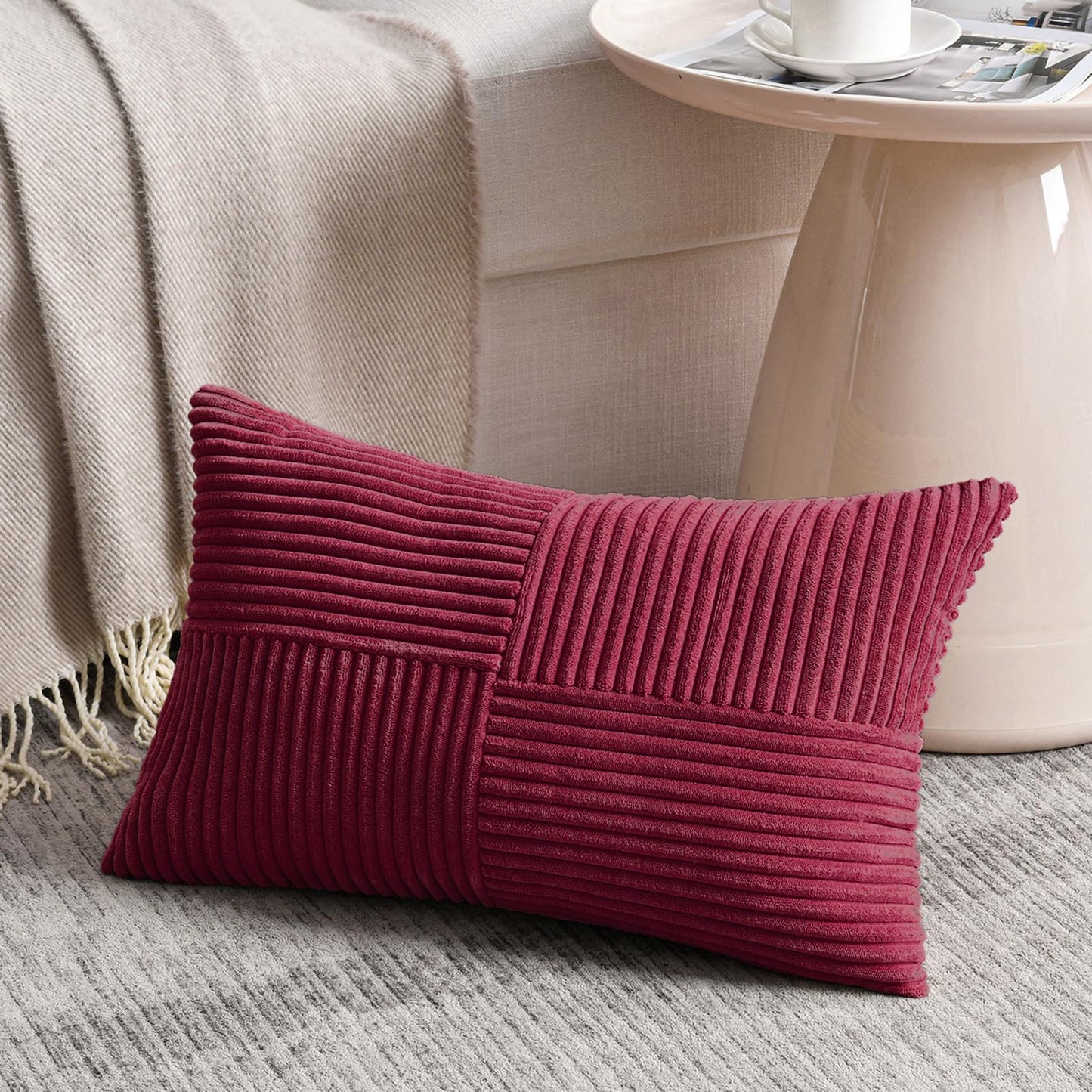 Fancy Homi 2 Packs Burgundy Lumbar Decorative Throw Pillow Covers 12x20 Inch for Living Room Couch Bed, Farmhouse Boho Home Decor, Soft Striped Corduroy Rectangle Accent Cushion Case 30x50 cm
