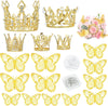 5-Pack Metallic Gold Crowns with 12 Pieces Butterfly Decorations and 50 Pieces Rhinestone Pins for Wedding Bouquet Accessories Decorations