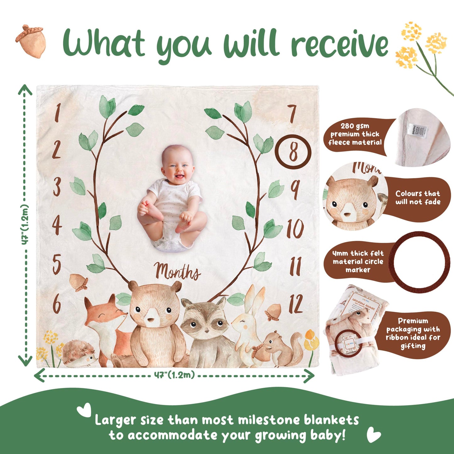 KooKooBaby Monthly Baby Milestone Blanket,47"x47" Premium Fleece Baby Monthly Milestone Blanket with Felt Marker, Baby Boy or Girl Month Age Growth Blanket - Woodland Nursery Animals