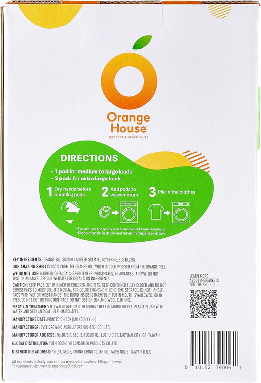 Orange House Laundry Detergent Pods, Natural Orange Oil, Plant-Based Detergent Pods, Hypoallergenic, Free & Clear, 54 Count, HE Compatible and All Washer